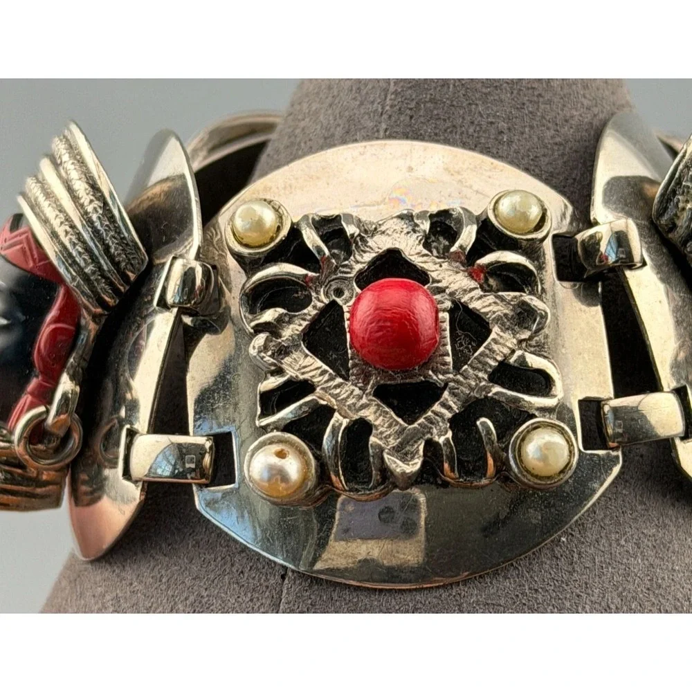 Vintage Mask Link Bracelet Silver Tone Black Face Mask Statement Boho 7.5